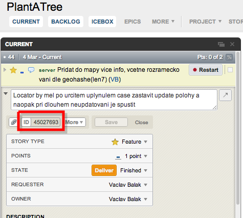 Identifikátor story v Pivotal trackeru