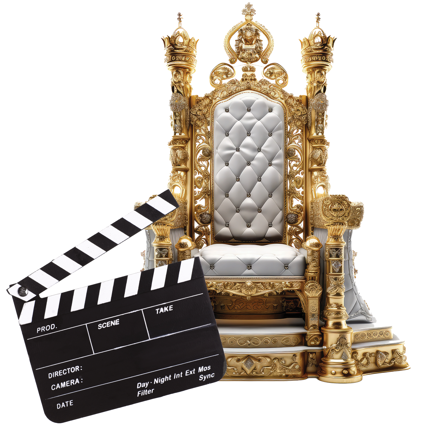 A throne with a director's clapperboard