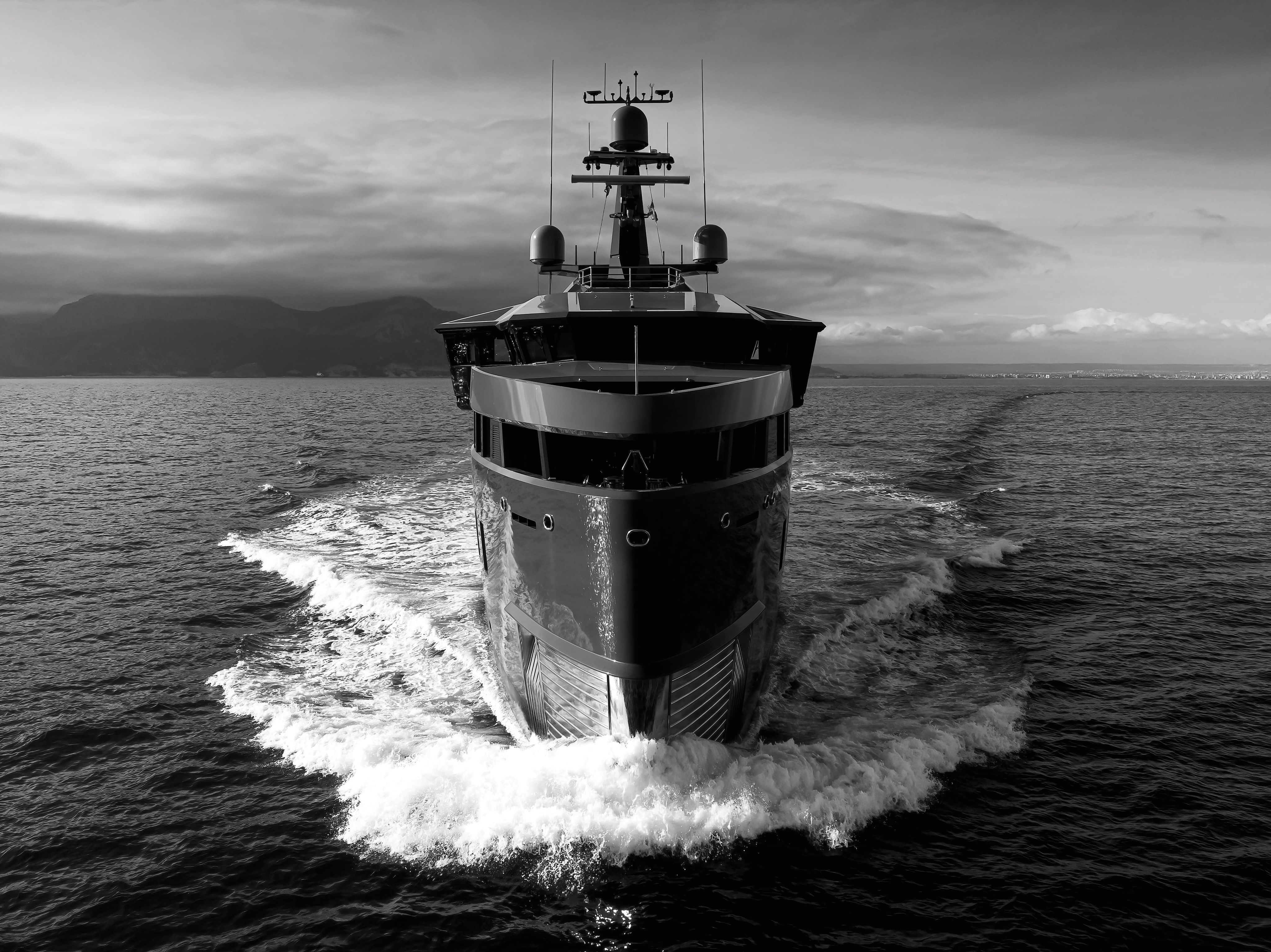 Black and white images of yacht Pink Shadow exterior 