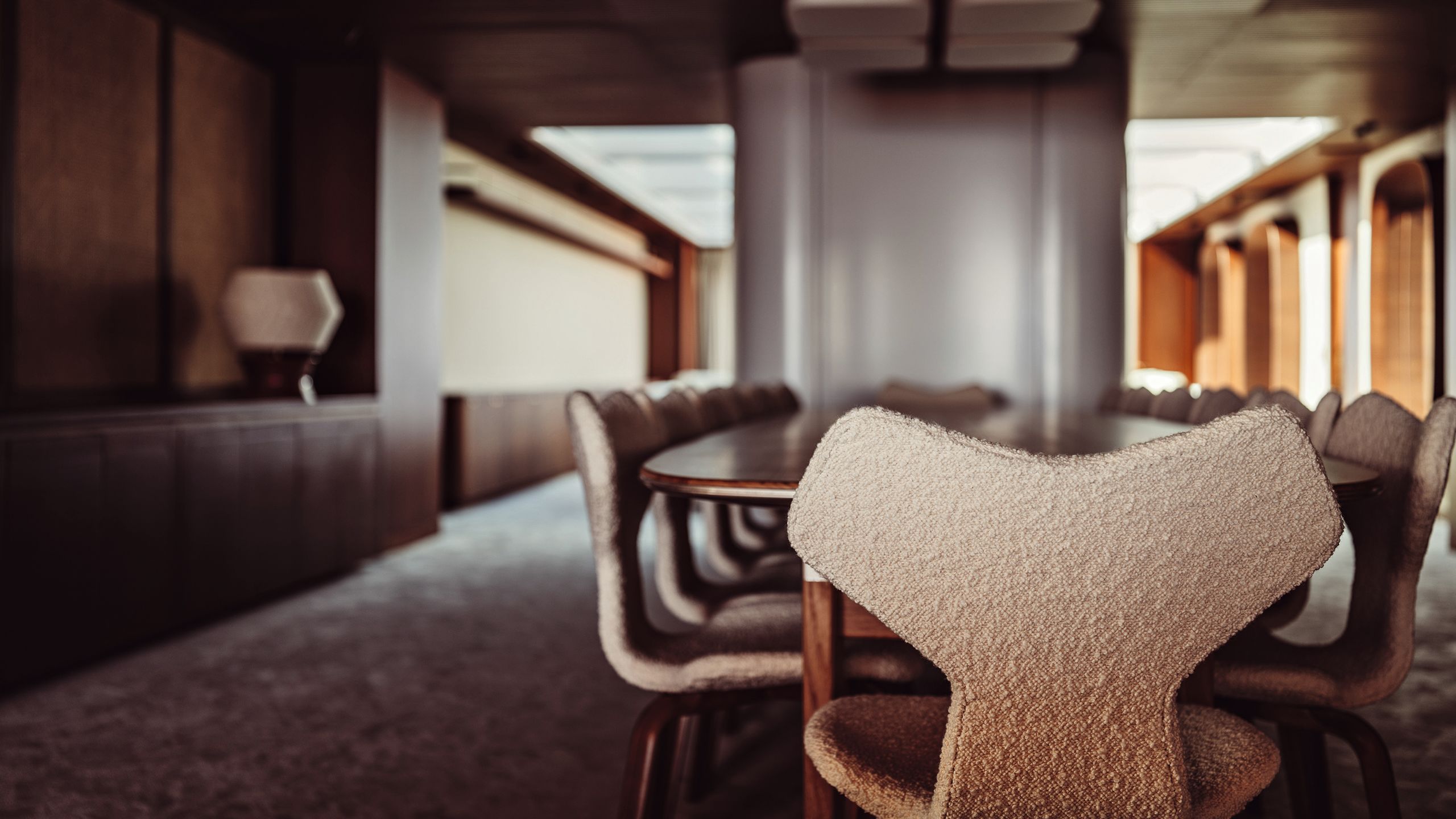 View of dining chair with boucle back