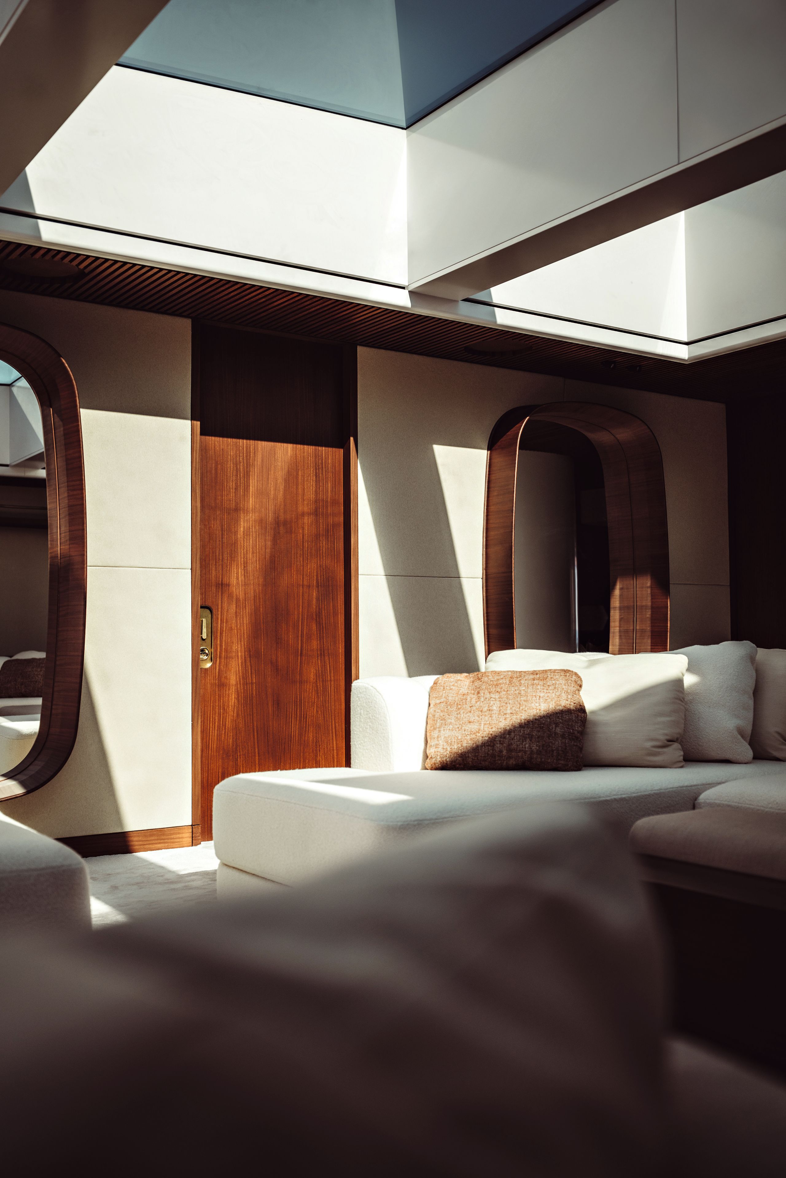 Boucle sofas in the main saloon
