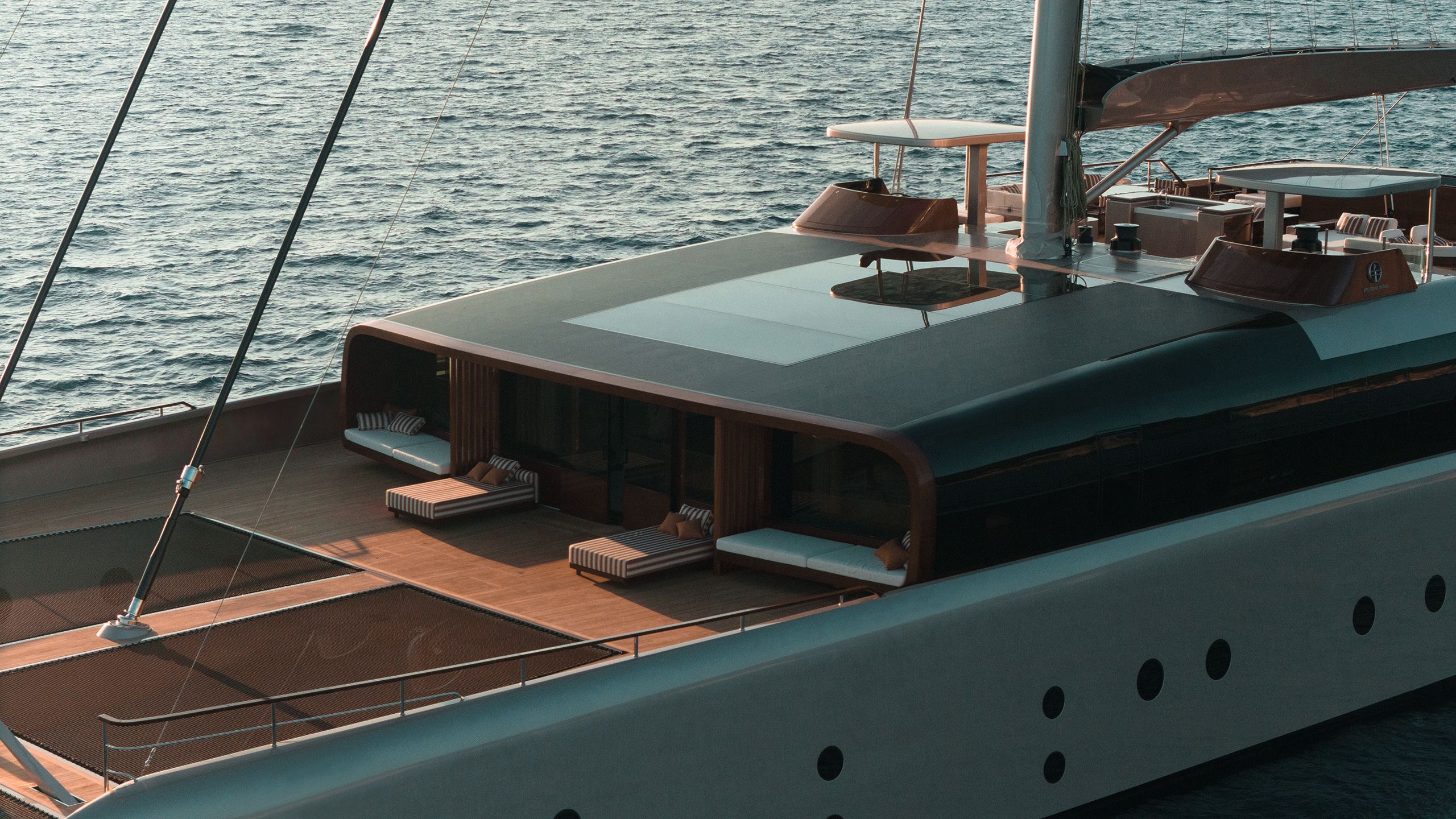 Close-up of sun loungers on deck