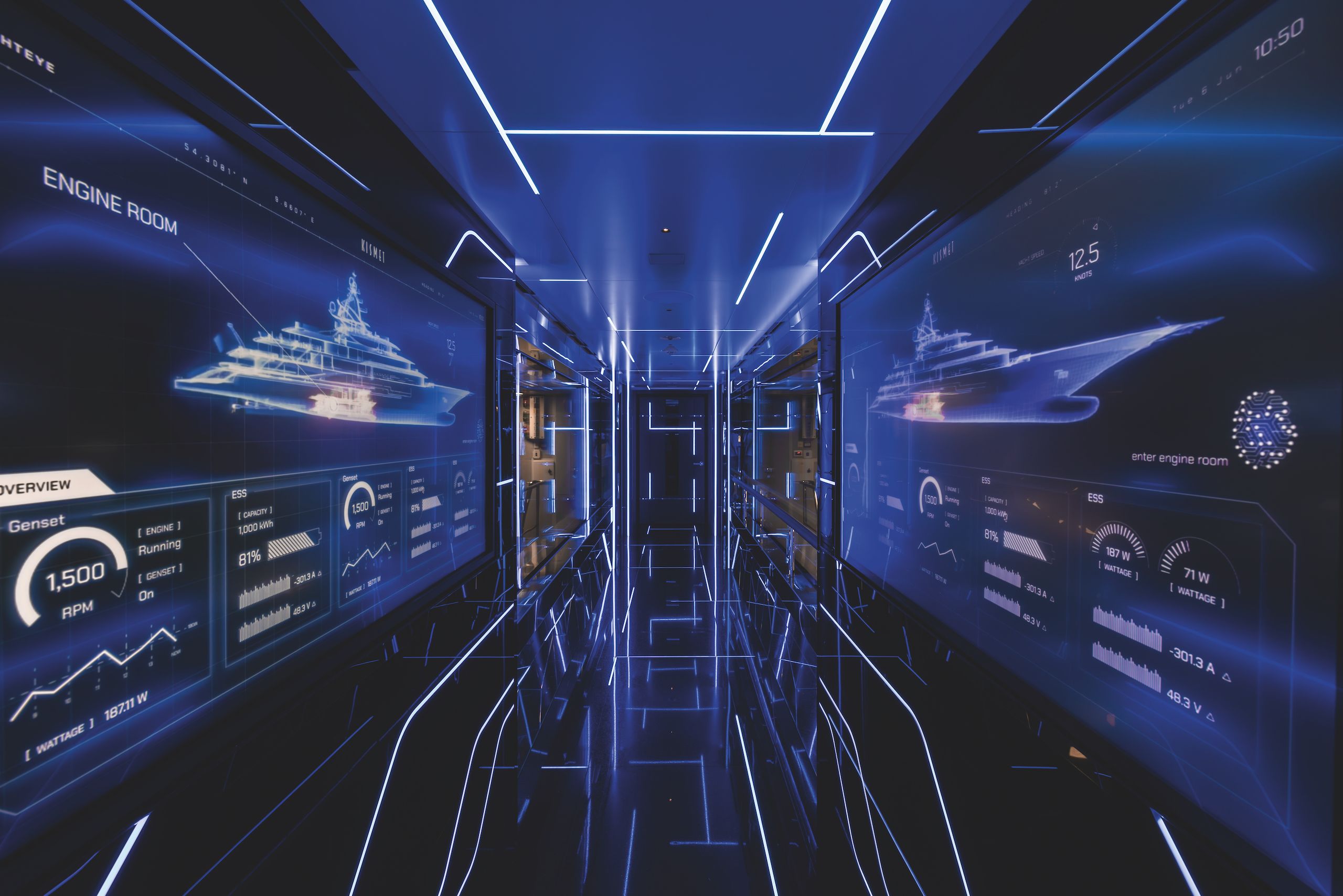 The 'Tron' corridor through the engine space on Lürssen Kismet