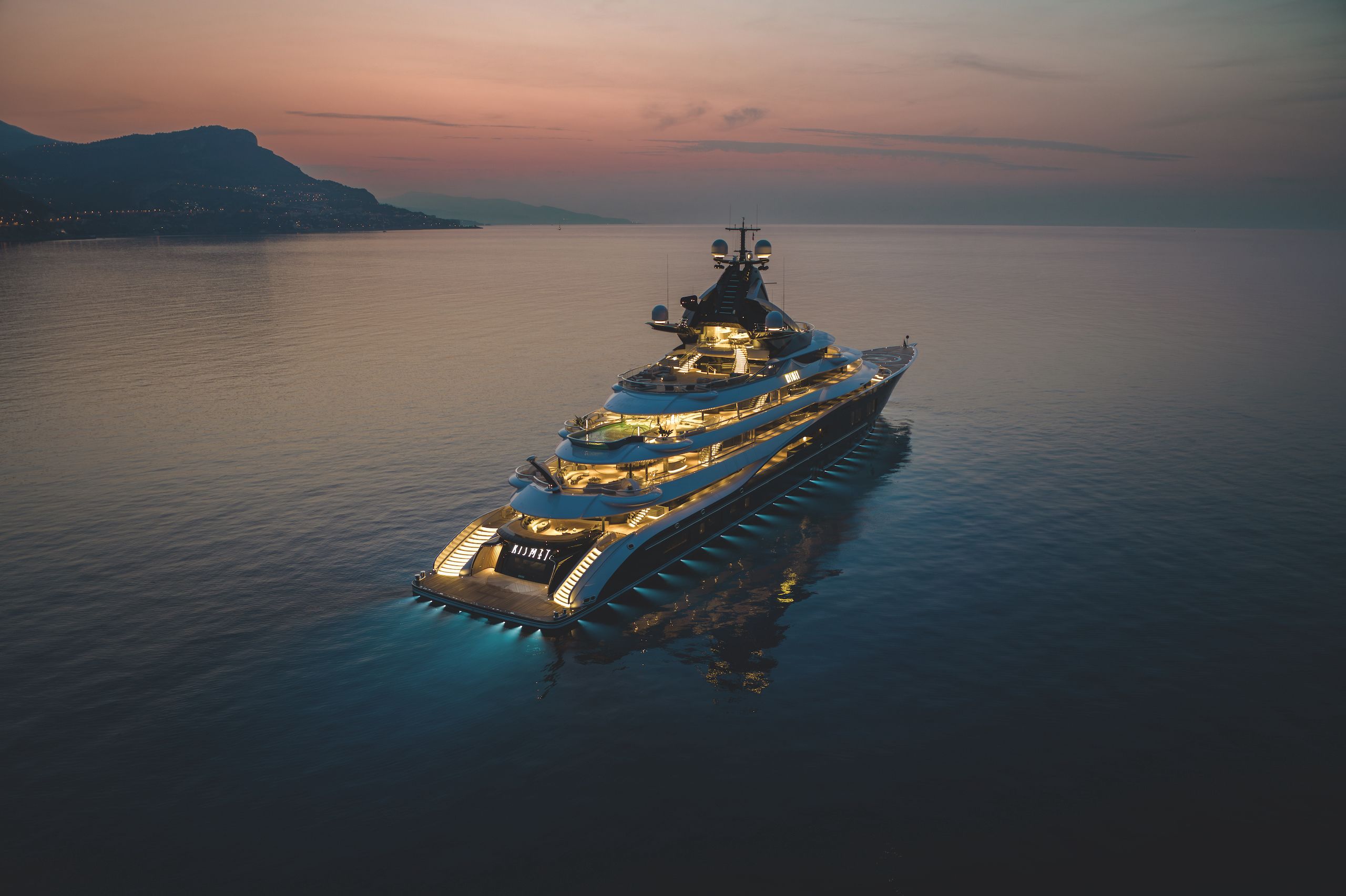 Night time view of Lürssen Kismet at sea