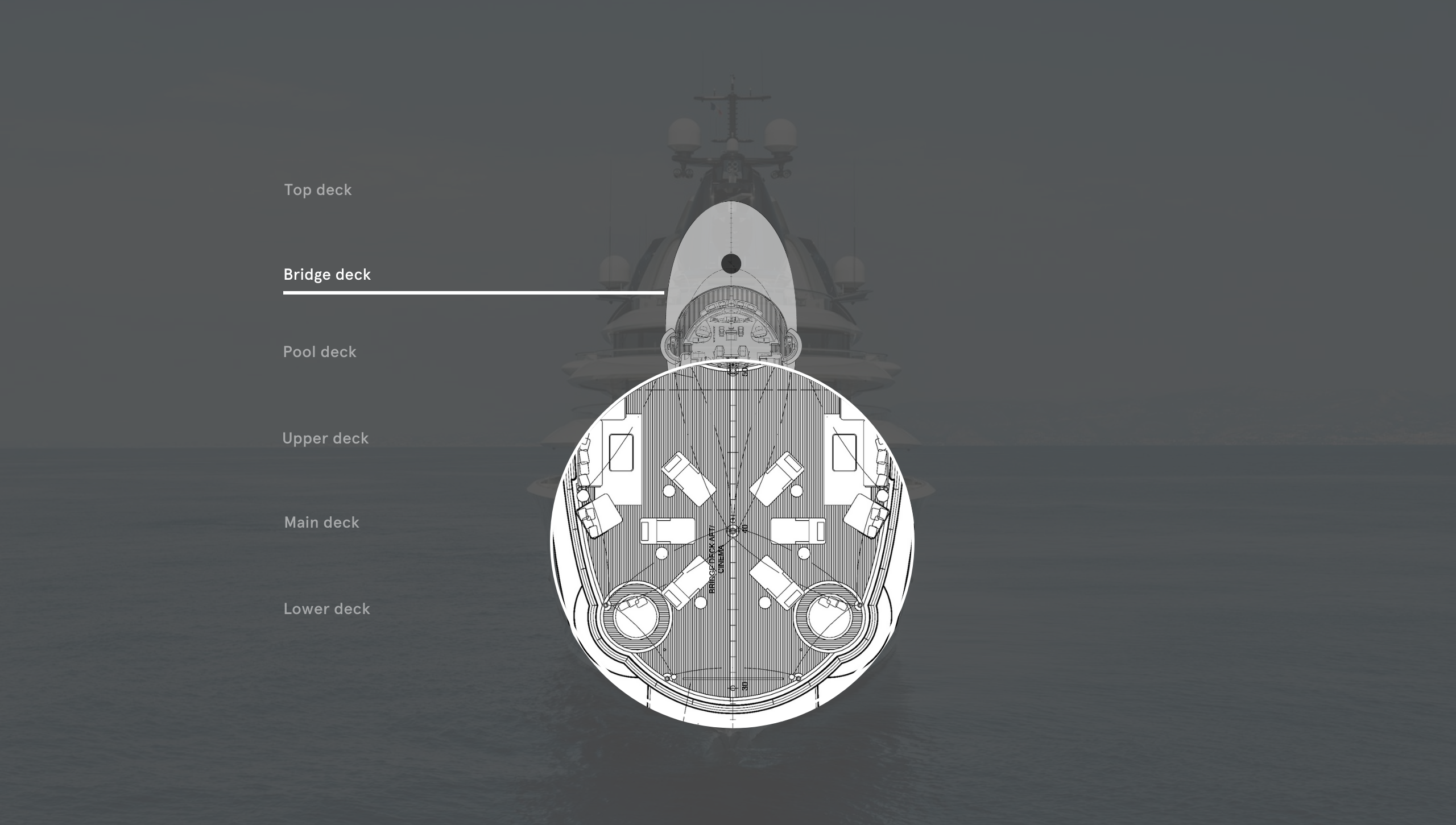 Front view of Lürssen Kismet highlighting bridge deck