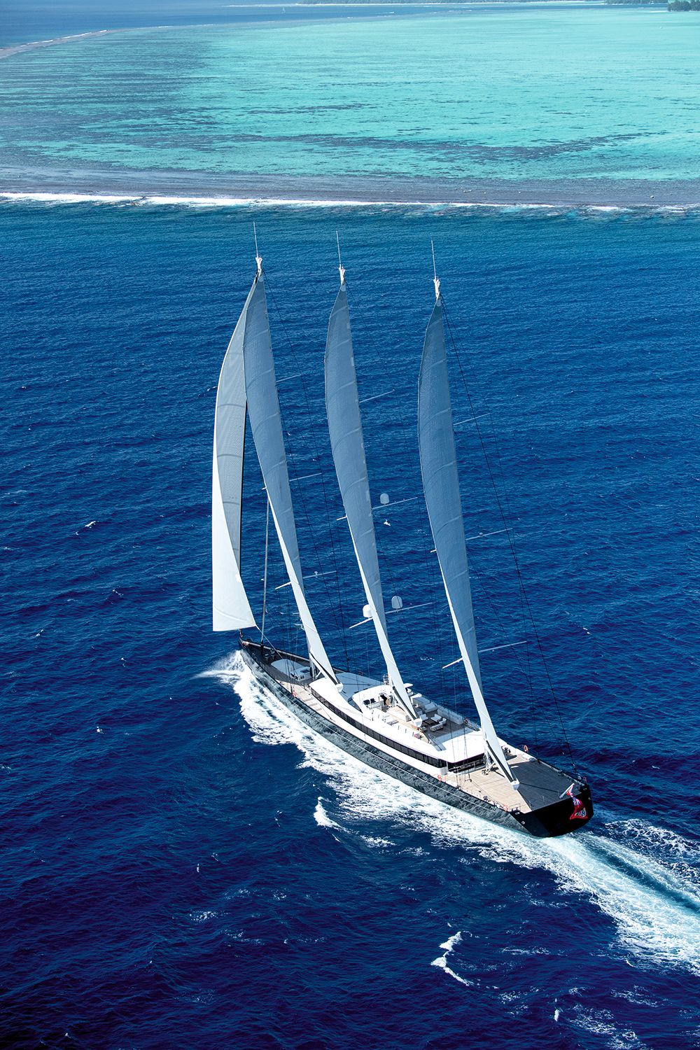 View of Sea Eagle II from above with sails out