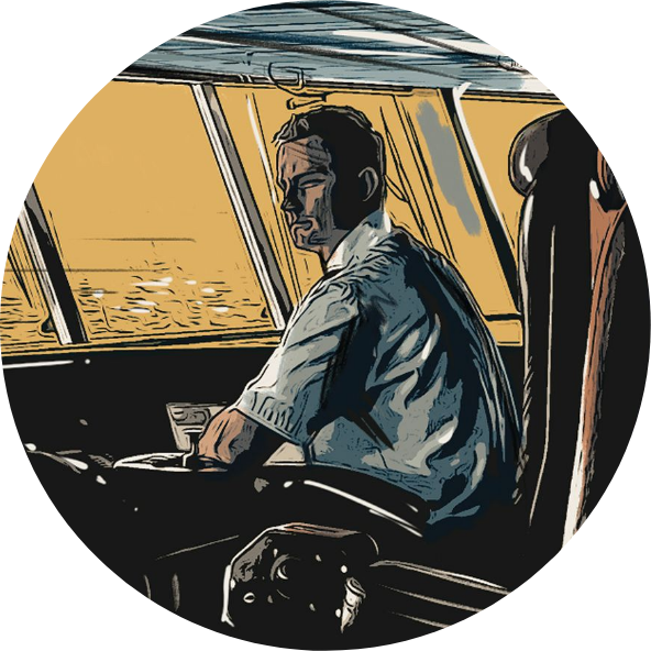 Illustration of man looking out of windows on Bridge