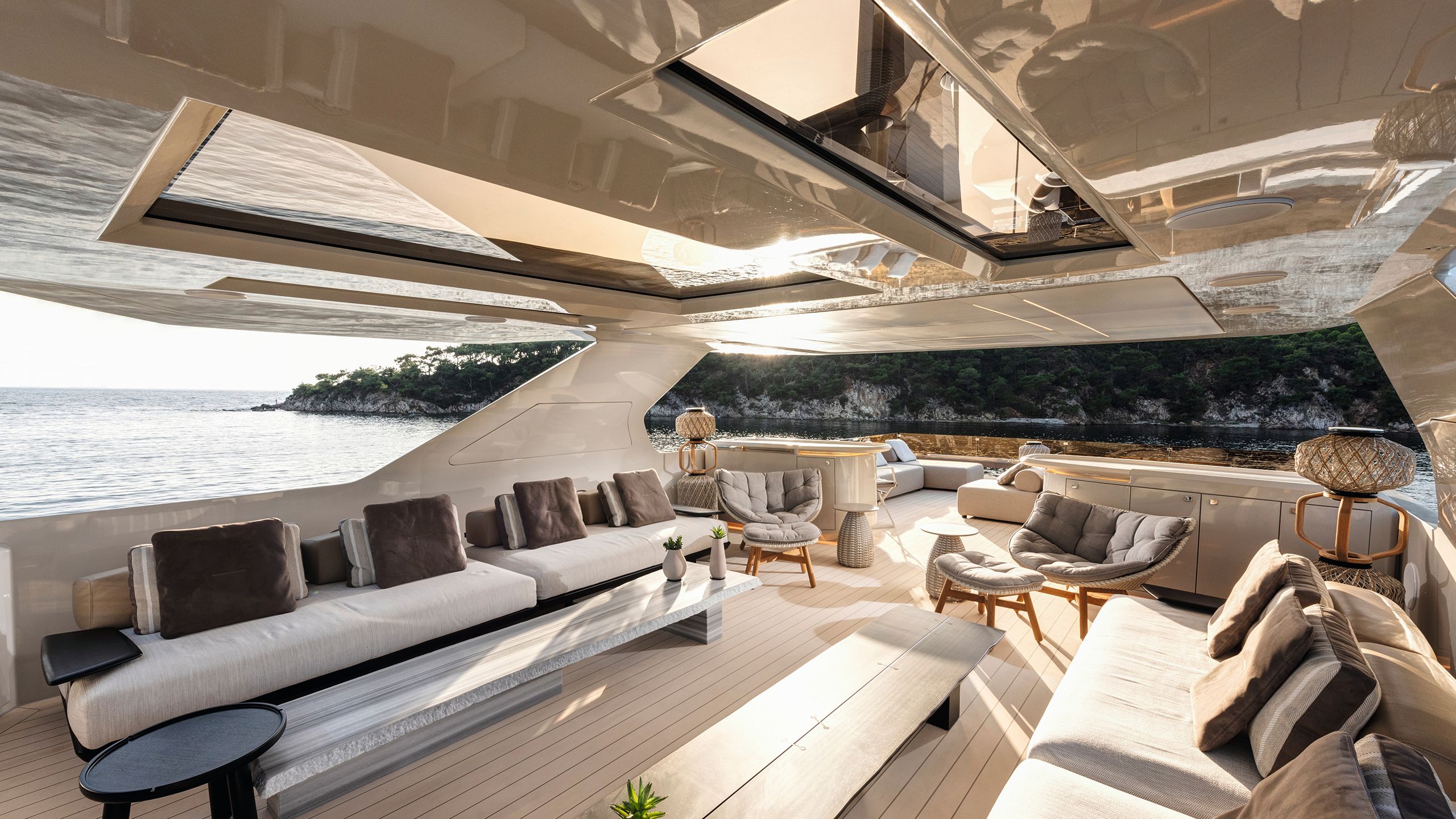 Covered part of fly deck showing sofas