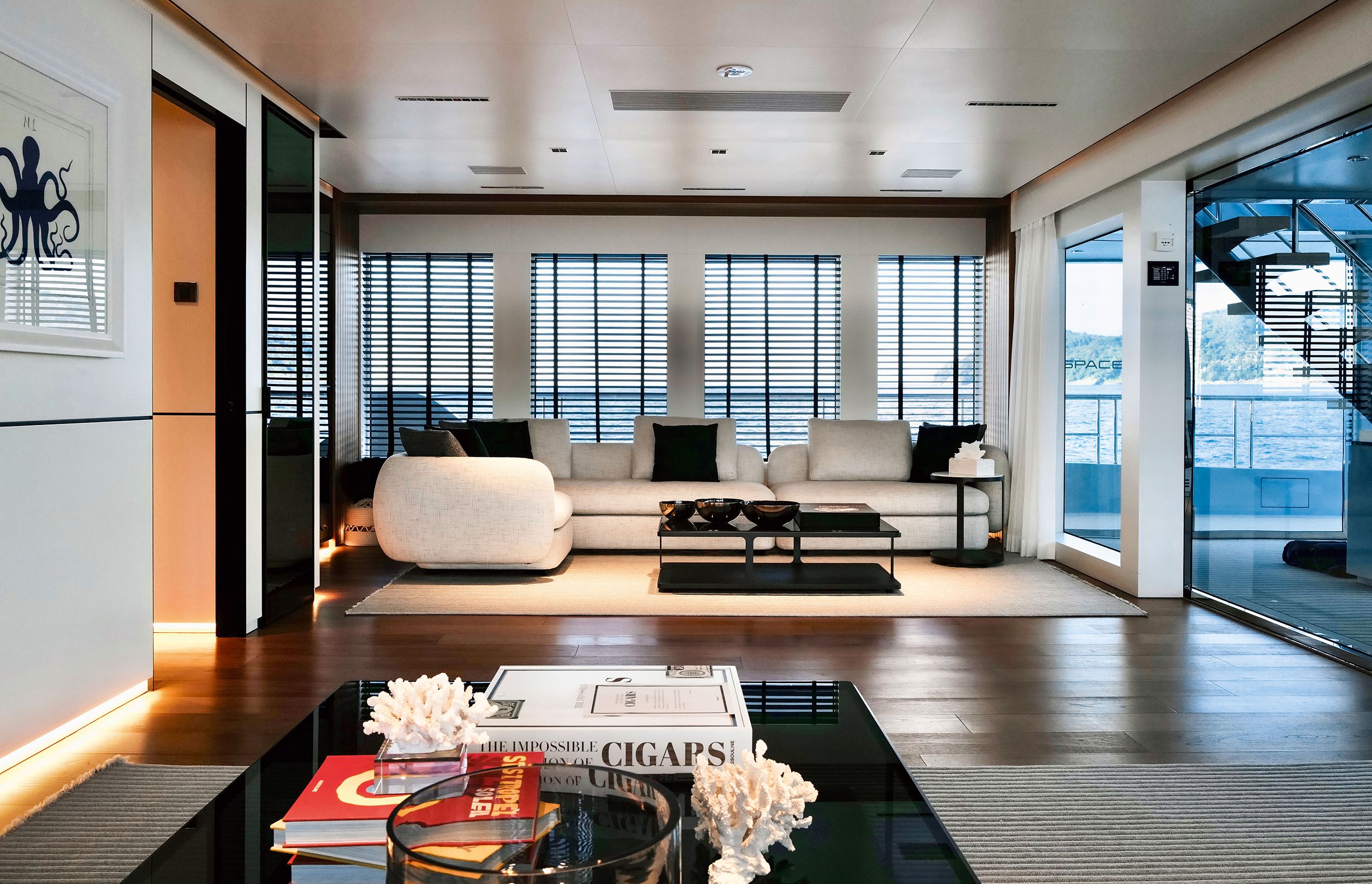 Teak flooring and sofa