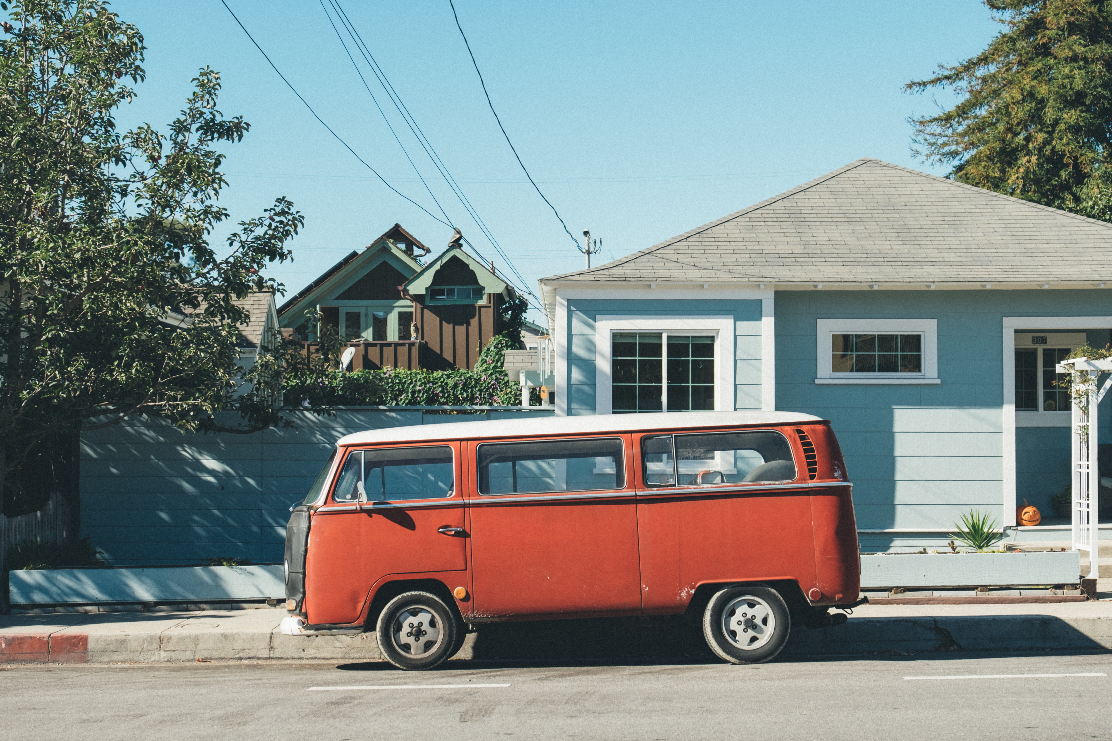 A red oldschool van in Santa Cruz