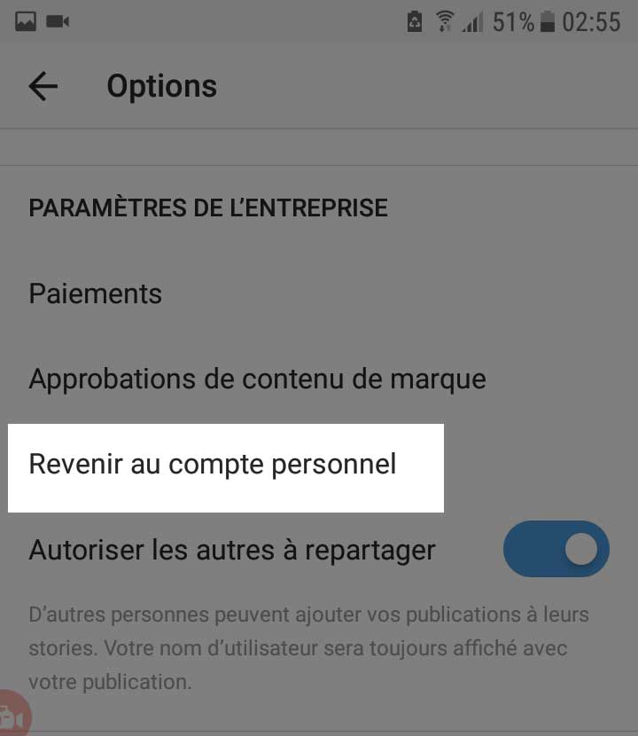 revenir au compte personnel instagram