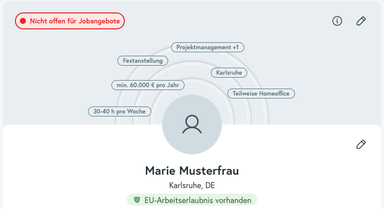 Screenshot der Workwise-Plattform des Jobstatus „Nicht offen für Jobangebote“