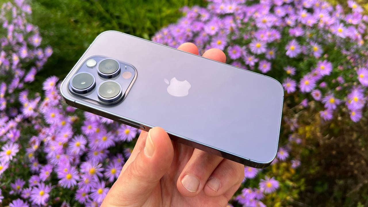 Review iPhone 14 Pro banner Lila vor Blumen