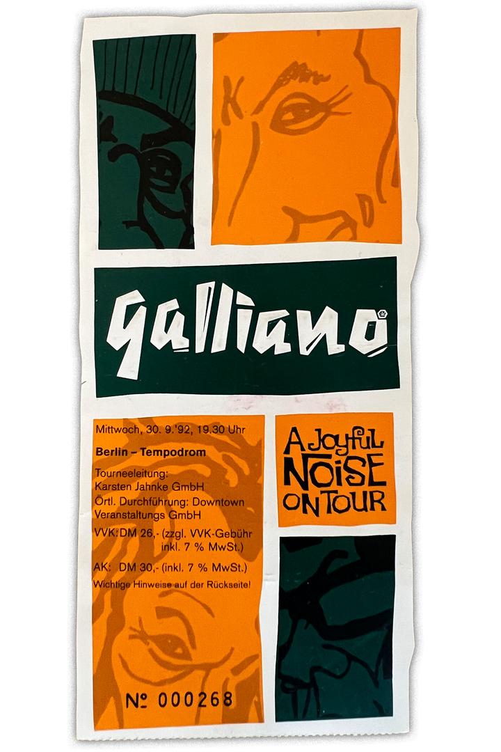 Konzerterinnerungen Galliano Ticket Berlin Tempodrom 1992 full