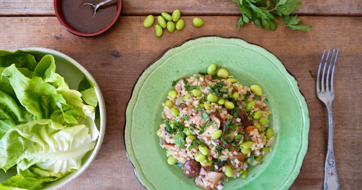 Recepten risotto paddenstoelen edamame De Krat