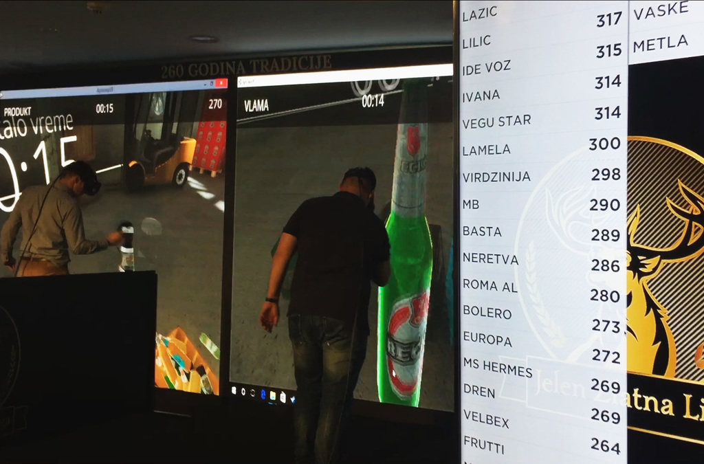 Participants wearing VR equipment maneuvering in a digital storage house setting, interacting with virtual beer brands as part of a competitive bottle sorting game.