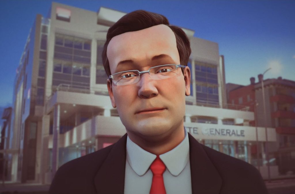 A 3D digital avatar of the GM of Societe Generale Serbia against an urban backdrop, symbolizing the cutting-edge digital farewell message to his colleagues.