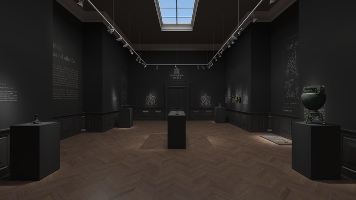 Front perspective of a museum gallery illuminated from above, showcasing dark walls with informational text and spot-lit artifacts on display pedestals.