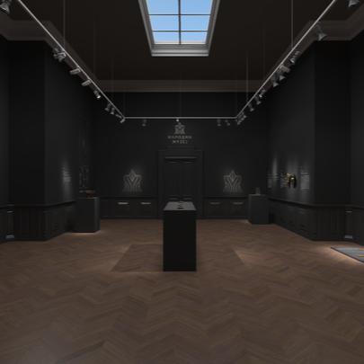 Front perspective of a museum gallery illuminated from above, showcasing dark walls with informational text and spot-lit artifacts on display pedestals.