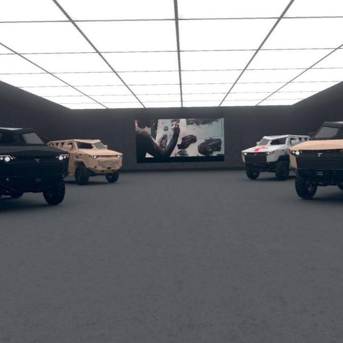 Exhibition room at IDEX 2019 featuring a virtual reality display of four Despot 4x4 vehicles in different colors and configurations, emphasizing their rugged design and versatility for defense purposes.