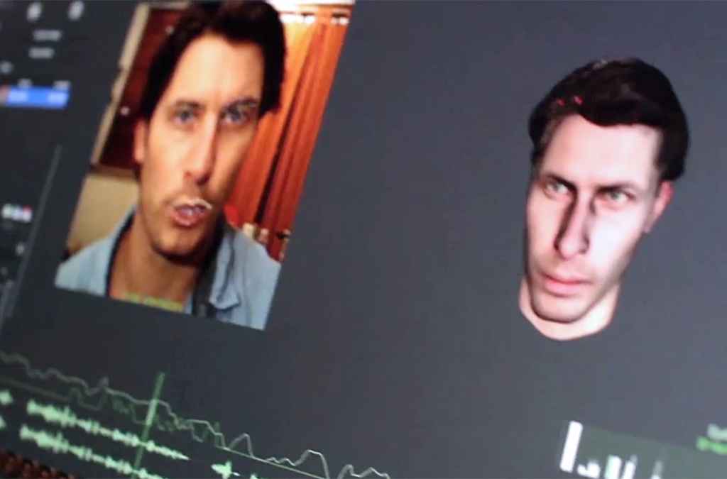  A computer screen showing a side-by-side comparison of a live-action face and its digital 3D model counterpart. This showcases the face-tracking technology used to create the digital banker for the Telenor Bank's AR application.
