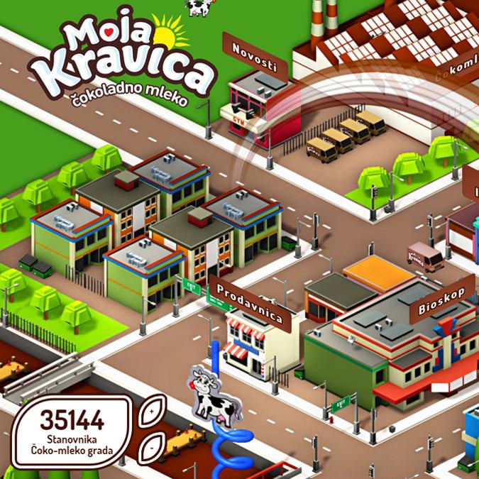 An overview of an interactive website for Čokoladno Mleko featuring a playful cityscape where children and parents can explore and engage with the brand.