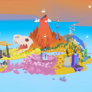 Bright, daytime view of Animanistan in a 3D web presentation, showcasing a colorful animated landscape with a central volcano, lush greenery, and various interactive hotspots.