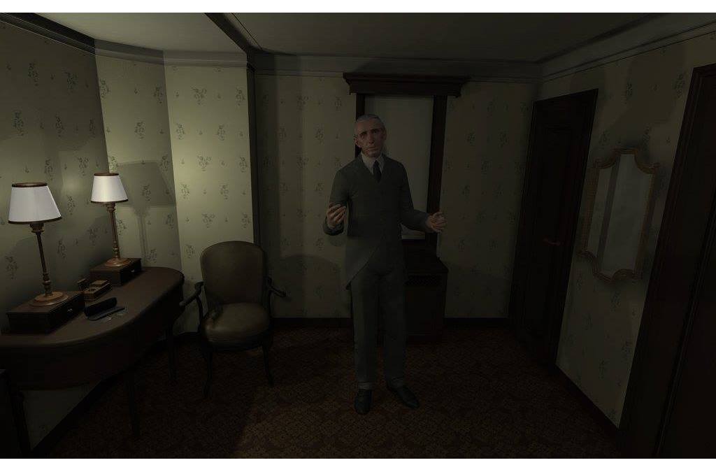 Virtual reality image of Nikola Tesla in a period-appropriate room, standing with hands outstretched as if explaining a concept.