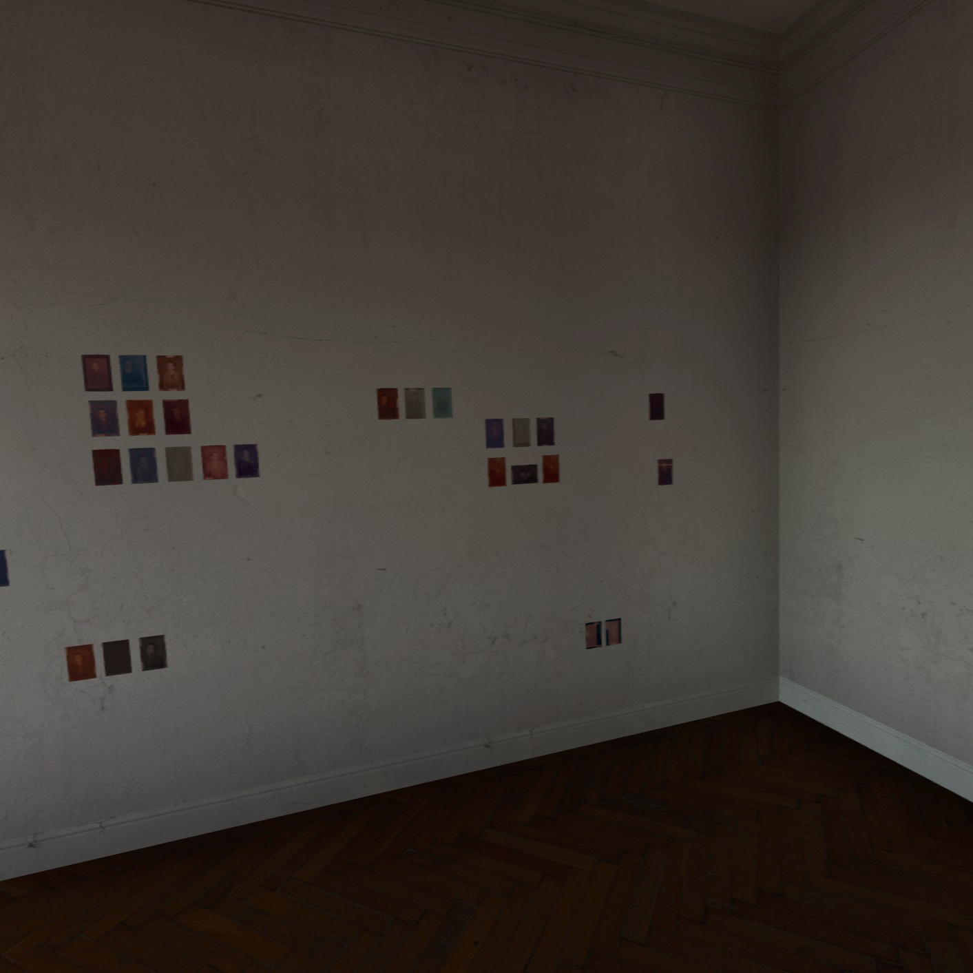 Dimly lit corner of a room in a virtual art exhibition with small photographs displayed on two adjoining walls, inviting a closer look at the varied images and the interplay of shadows.