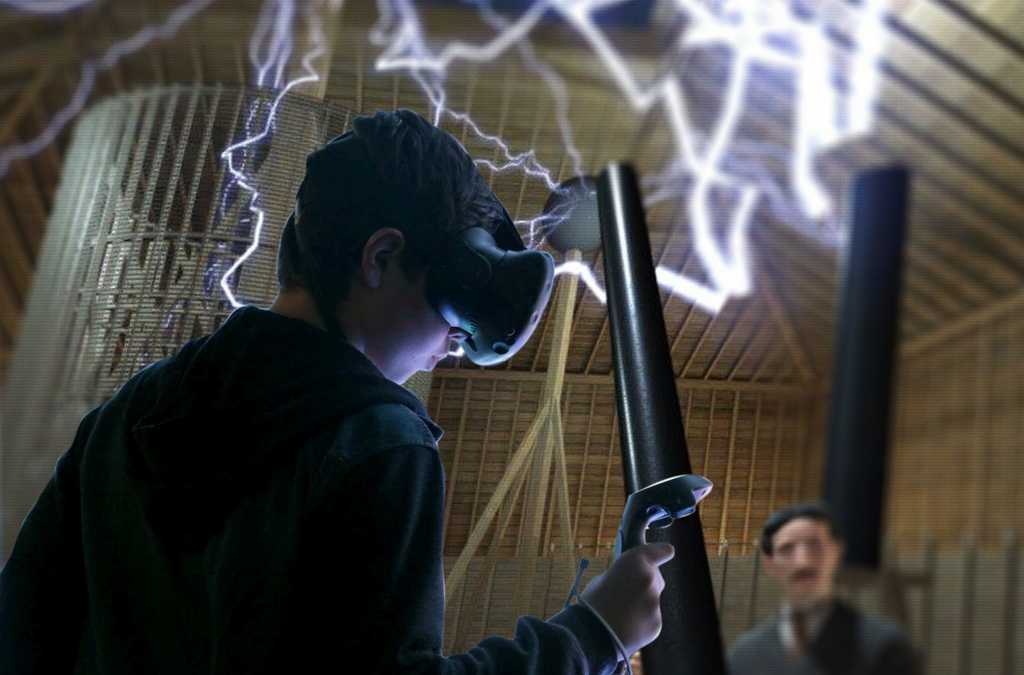 A person wearing a VR headset stands before a vivid display of electrical effects, holding a controller, immersed in a virtual reality experience.