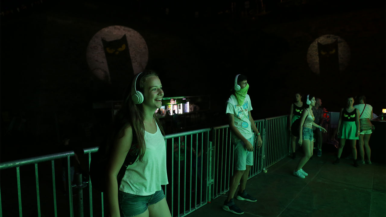 Smiling participants wearing headphones dance in front of the Guarana No Sleep stage, with their silhouettes cast against an illuminated Guarana owl backdrop, showcasing the energetic atmosphere of the EXIT Festival.