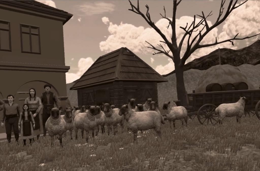 A sepia-toned VR depiction of a group of sheep in a village setting with a family standing in the background, as part of Petar Kočić’s story experience at JUNUB's exhibition.