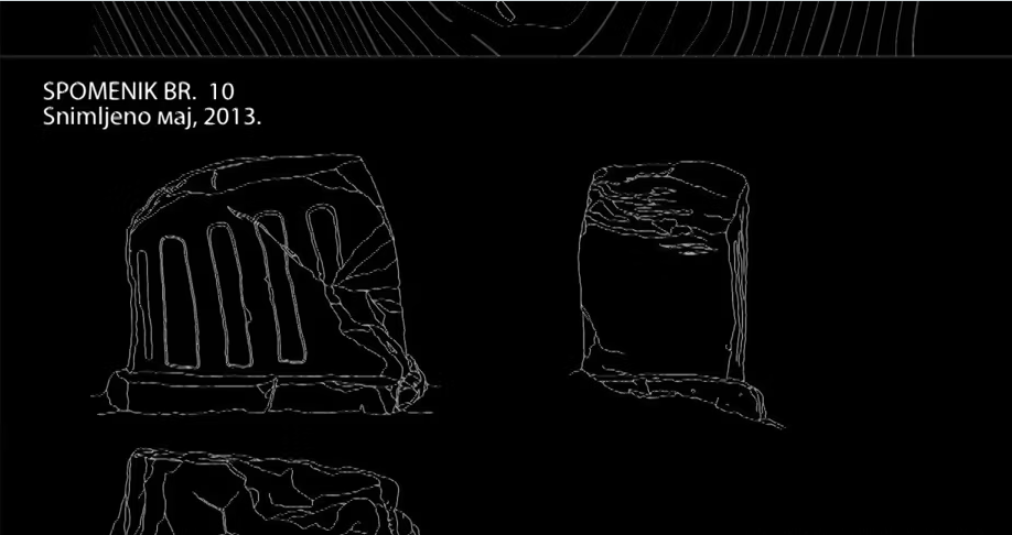 Orthographic projection of ancient tombstone number 10, depicted with line art on a black background, labeled with the date May 2013.