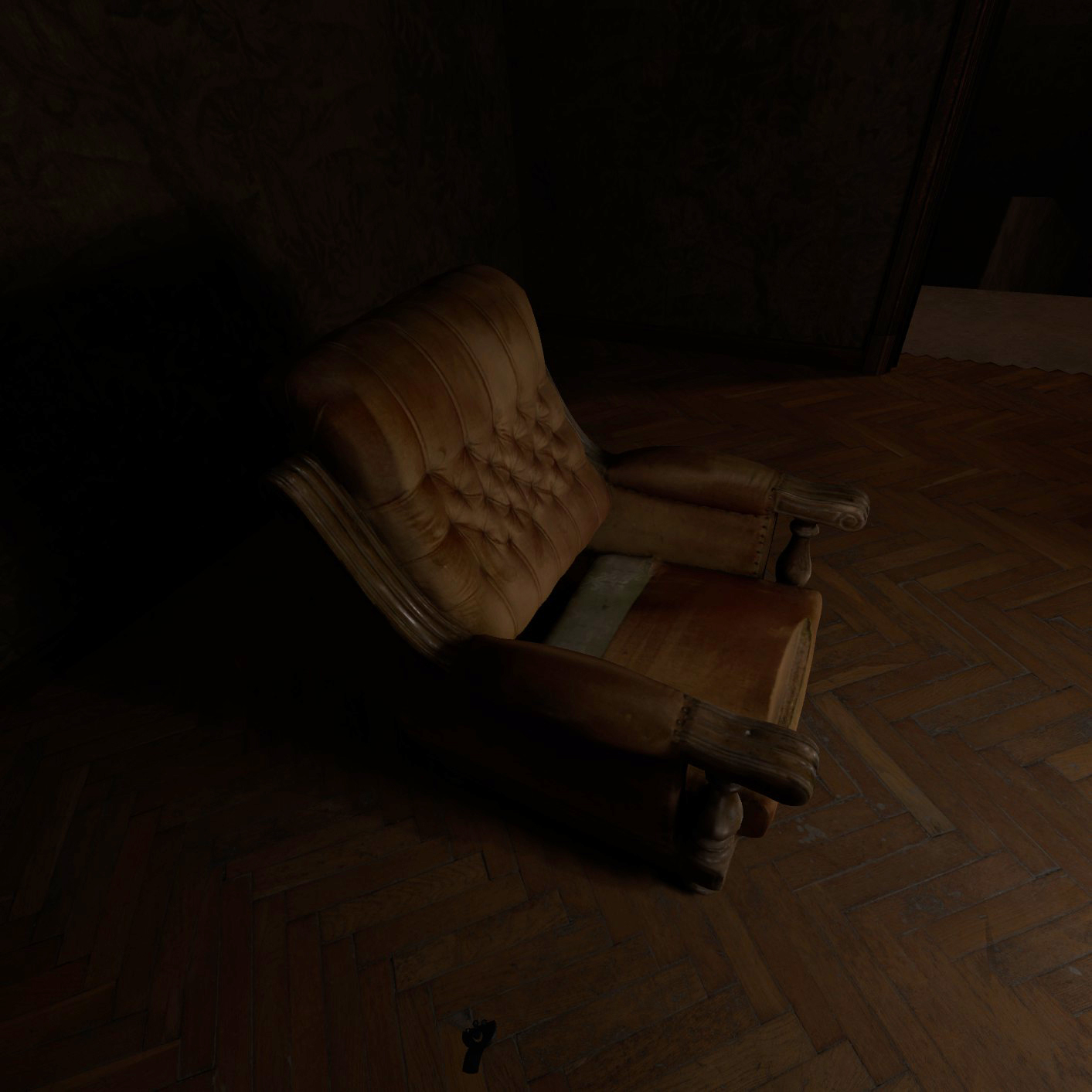 An aged, weathered leather armchair sits abandoned in a dark room, bathed in soft light that casts deep shadows across its worn surface and the parquet floor beneath.