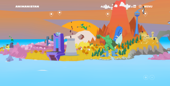 Web depiction of Animanistan during the day, highlighting the island's animated features and interactive spots, set against a backdrop of a vividly colored landscape and clear skies.