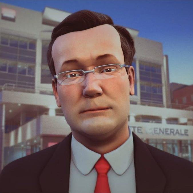A 3D digital avatar of the GM of Societe Generale Serbia against an urban backdrop, symbolizing the cutting-edge digital farewell message to his colleagues.