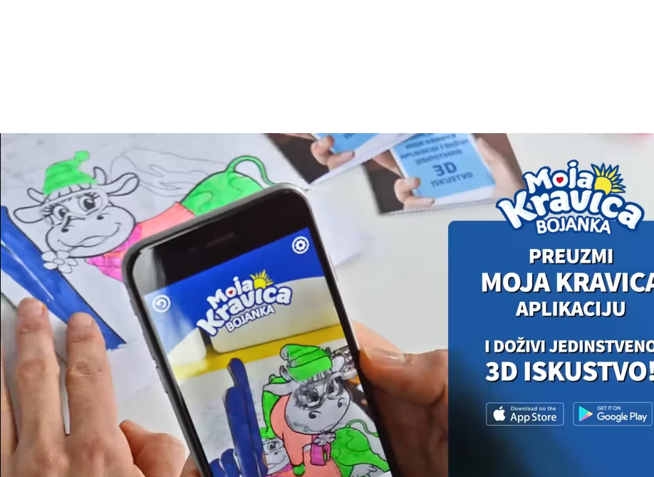Close-up of a smartphone using the 'Moja Kravica' app to overlay a colorful, augmented reality image onto a child's coloring book page, creating an interactive experience.