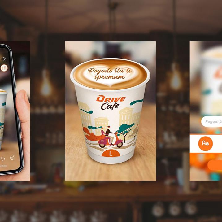 A smartphone held in front of a Drive Cafe branded coffee cup, displaying an augmented reality (AR) animation of an avatar on a Vespa. The cup serves as an AR trigger, launching an interactive experience where the avatar guides the user through creating virtual coffee art, with options to select styles, fonts, and share the creation on social media for rewards.