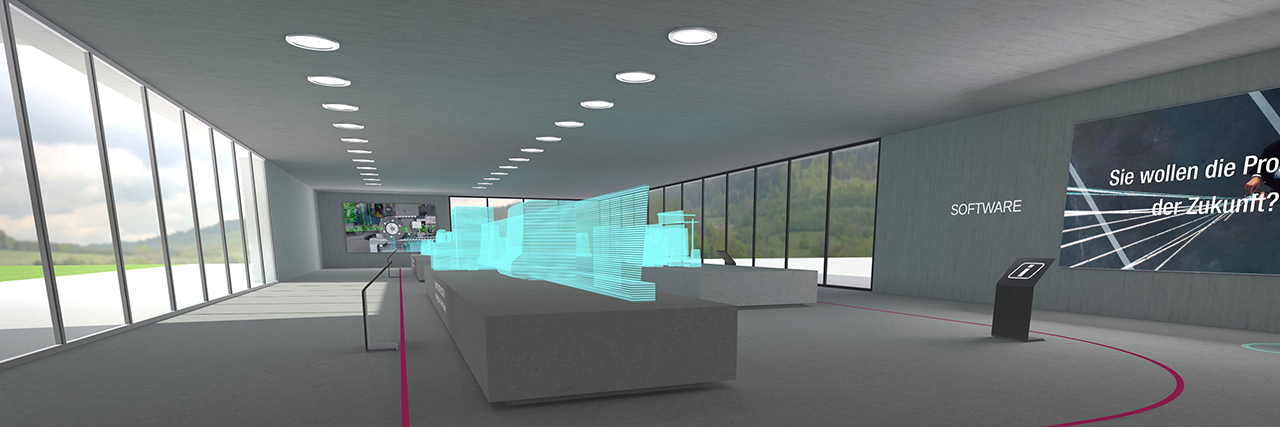 nterior of the LiSEC Expo featuring a sleek, modern design with a large, light-filled space, where visitors can interact with virtual holograms of glass processing technology against a backdrop of serene landscapes visible through the expansive windows.