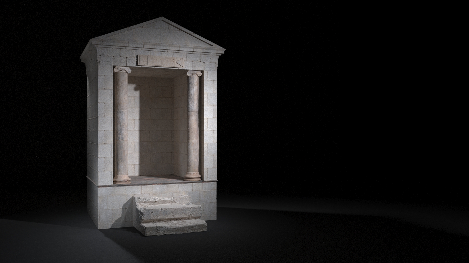 A classical stone naiskos (small temple) with a single, empty niche, set against a black background with dramatic side lighting highlighting its textured stone facade and architectural details such as columns and a pediment.