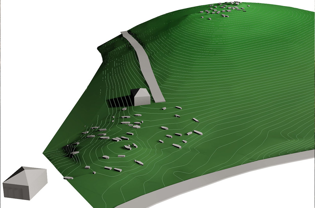 A 3D visualization of an archaeological site with numerous tombstones represented by geometric shapes, displaying topography with contour lines.