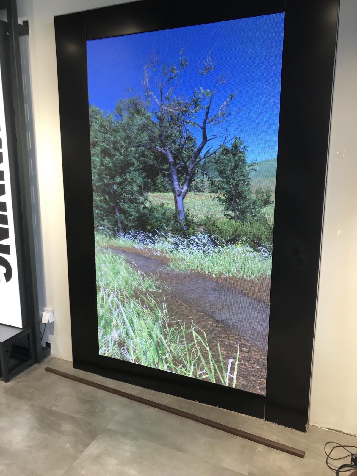 A vertical digital display screen installed in a store, showing a scenic nature trail with a clear sky, a single tree, and lush greenery, part of an interactive app designed to simulate outdoor running experiences.