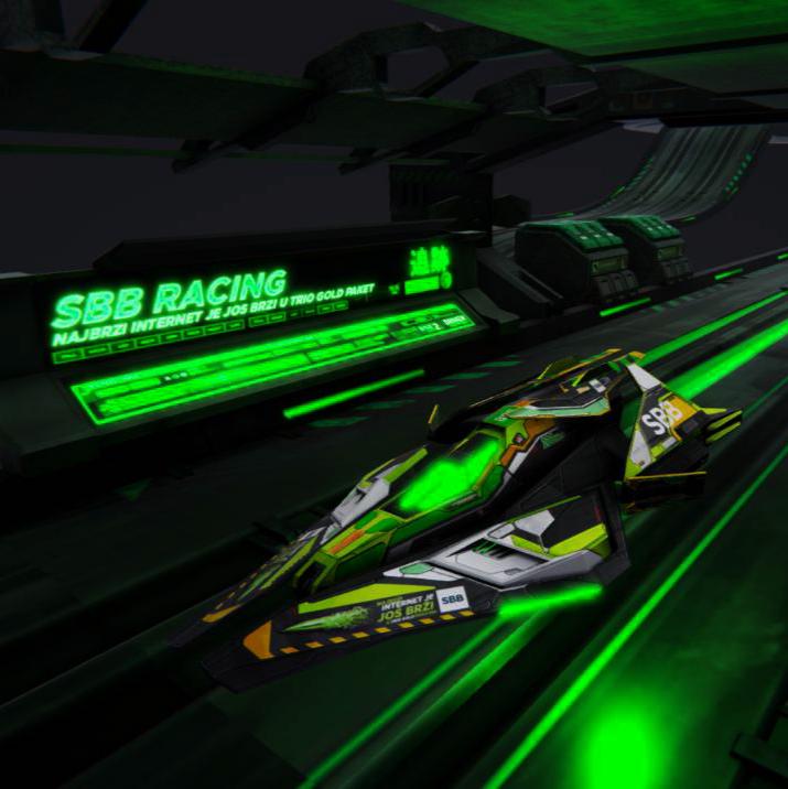 In-game screenshot from the SBB KINECT Spider Game showing a futuristic spider-like racing vehicle gliding down a neon-lit digital runway with 'SBB RACING' illuminated signs, reflecting the high-speed and interactive nature of the game.