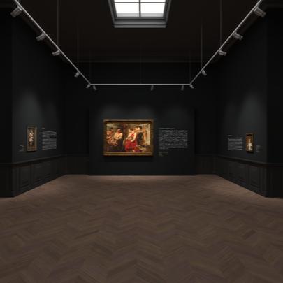Panoramic view of a museum gallery featuring dark walls, wood floors, and a series of spotlit historical paintings and artifacts. A central skylight brings natural light into the elegant interior space.