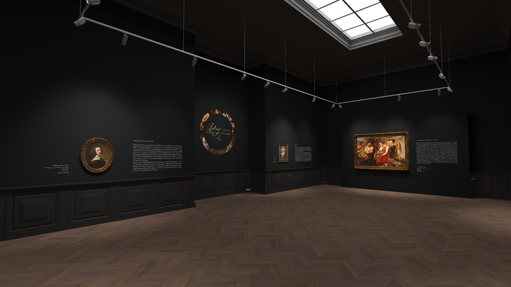 A panoramic view of an art gallery's interior showcasing a series of paintings on dark walls. The spacious room is illuminated by ceiling lights and a large skylight, casting a natural glow across the wooden floor. The walls are adorned with golden-framed artworks, accompanied by descriptive plaques. The gallery's atmosphere is calm and contemplative, with no visitors present in the scene.