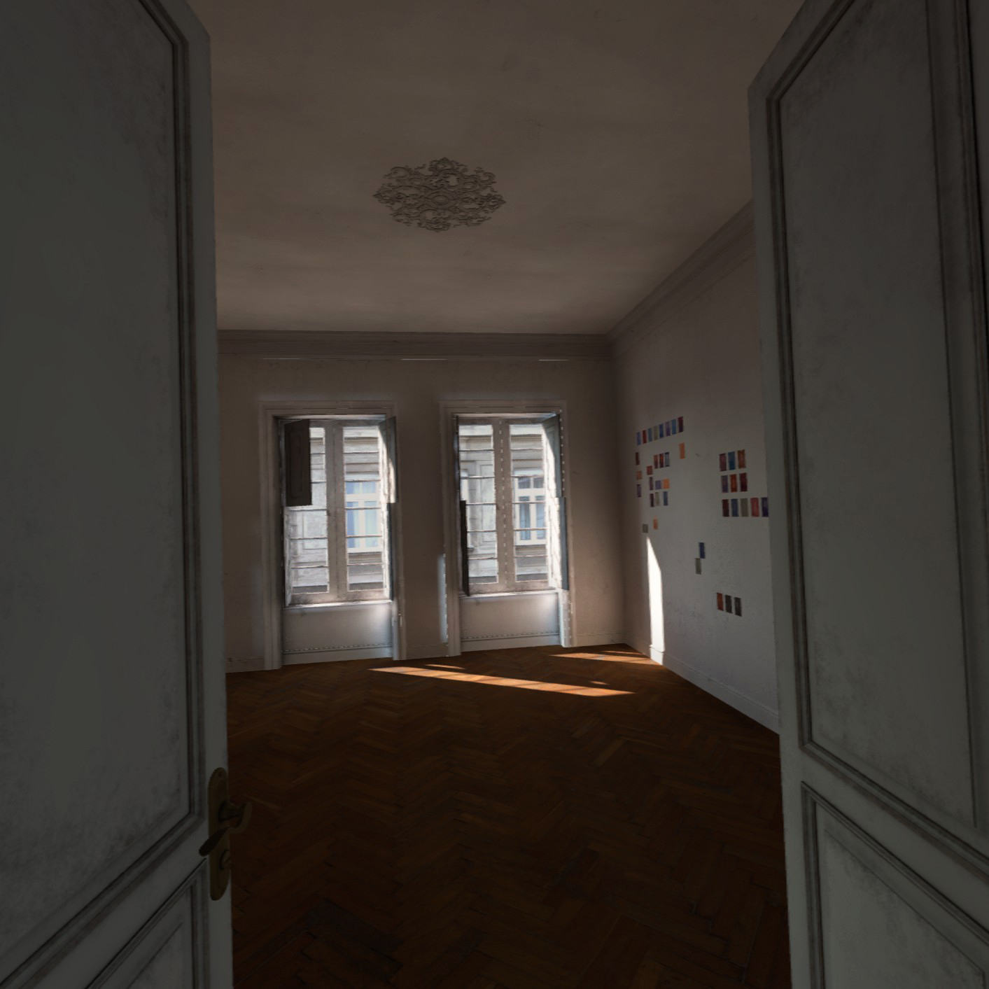 An empty room seen through a doorway, bathed in soft light with wooden floors and two windows, showcasing a collection of small, colorful photographs on a white wall, part of Mia Cuk's VR art exhibition.