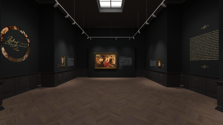 Panoramic view of a museum gallery featuring dark walls, wood floors, and a series of spotlit historical paintings and artifacts. A central skylight brings natural light into the elegant interior space.