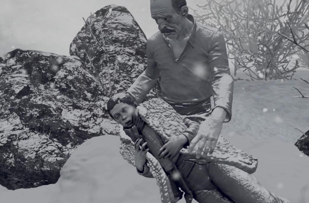 A black and white VR image of a man helping a boy through a snowy terrain.