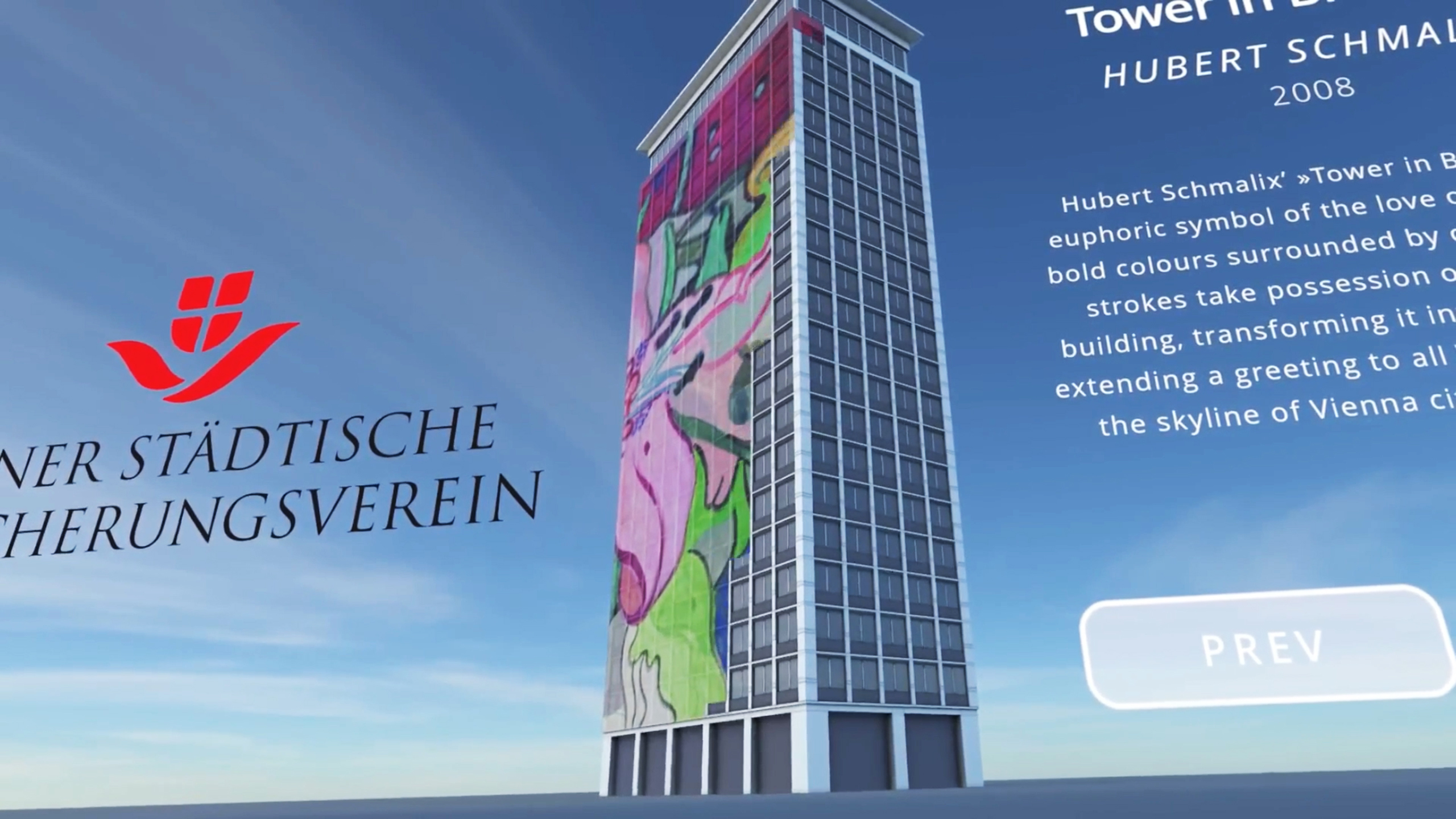 A virtual reality rendition of the Wiener Städtische Versicherungsverein's Ringturm building, featuring the colorful 'Tower in Bloom' artwork by Hubert Schmalix. The digital display includes a snippet about the artwork's representation of love and bold transformation, enhancing the Vienna skyline.