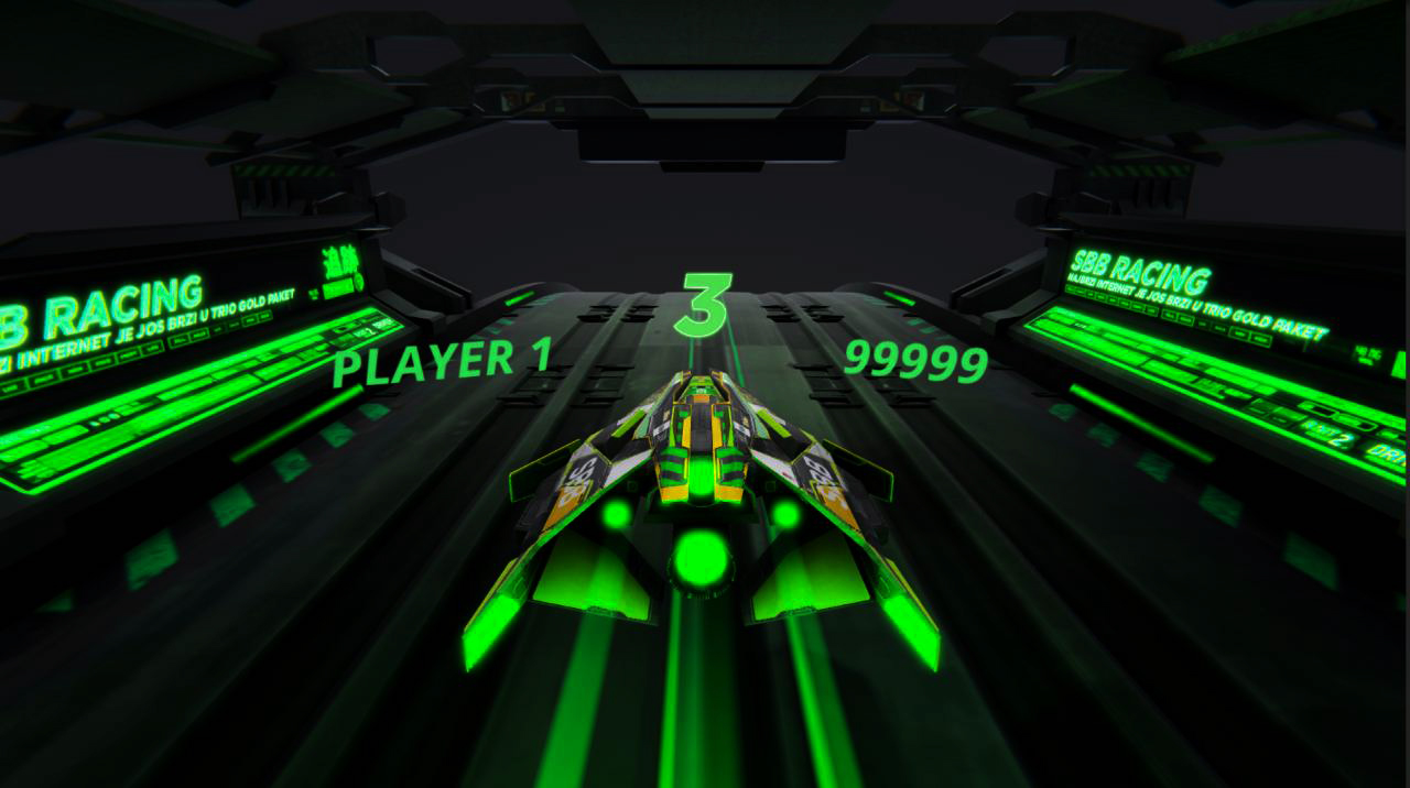 Dynamic view from the driver's perspective in the SBB KINECT Spider Game, with a bright green '3' indicating the player's speed, set against the immersive digital environment of the runway, emphasizing the game's thrilling pace and the player's objective to collect packages.